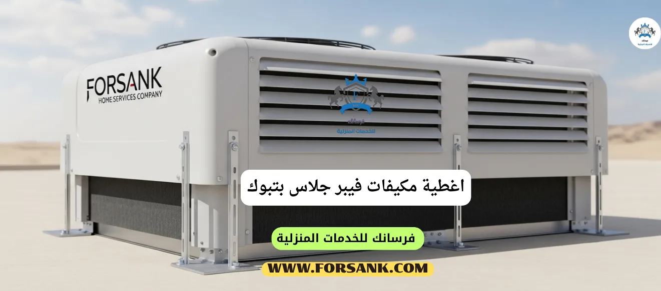 تركيب أغطية مكيفات فيبر جلاس بتبوك غطاء مكيف فيبر جلاس أبيض مثبت على وحدة تكييف خارجية في مبنى بتبوك